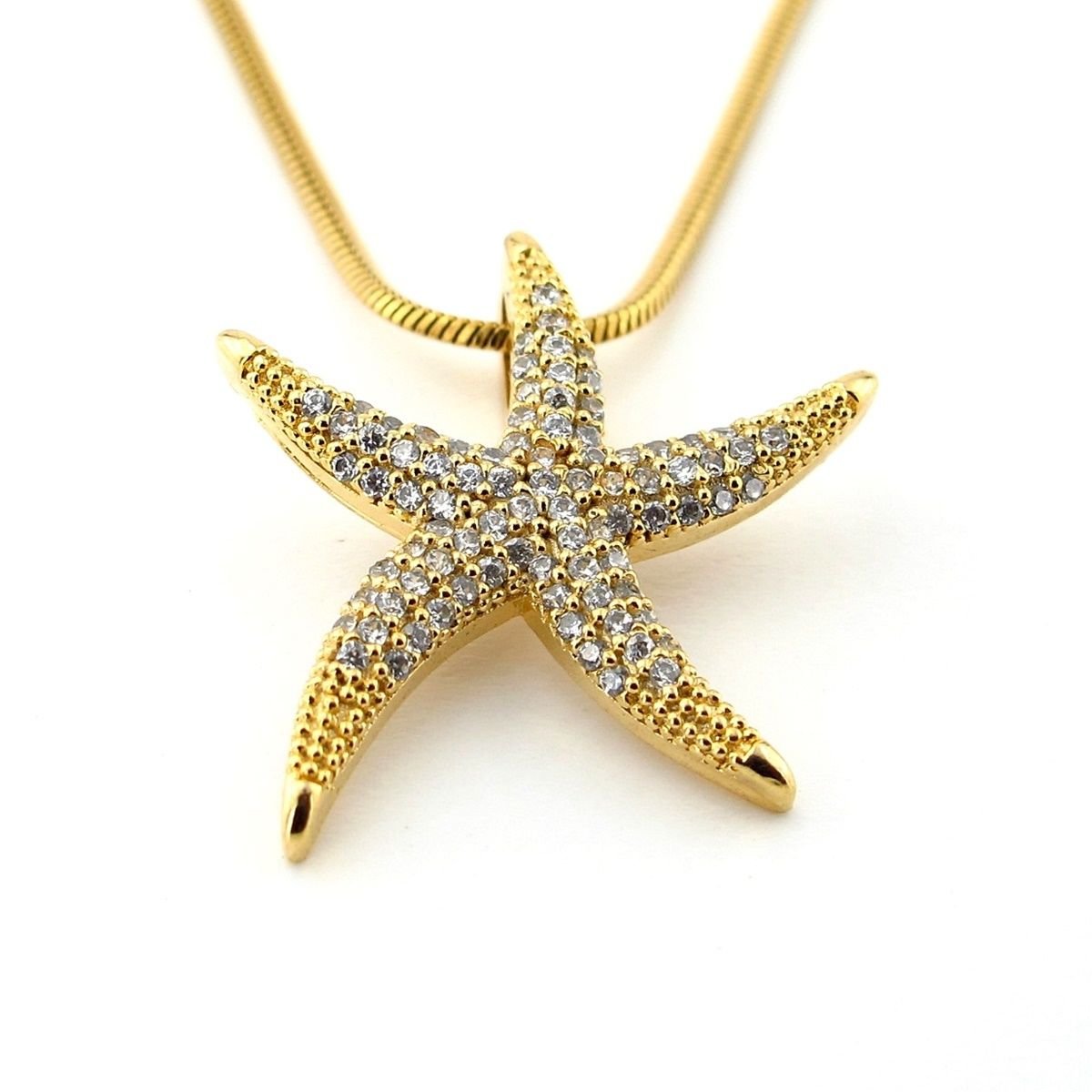 Deniz Yıldızı Beyaz Zirkon Taşlı Plaj Sahil Sarı Çelik Zincir Kadın Kolye Q0861