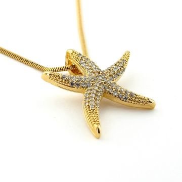 Deniz Yıldızı Beyaz Zirkon Taşlı Plaj Sahil Sarı Çelik Zincir Kadın Kolye Q0861