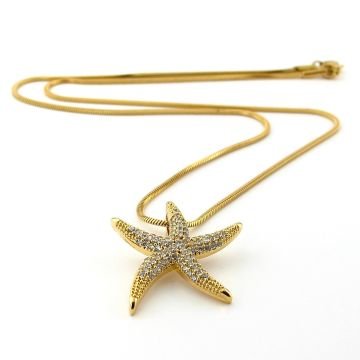 Deniz Yıldızı Beyaz Zirkon Taşlı Plaj Sahil Sarı Çelik Zincir Kadın Kolye Q0861