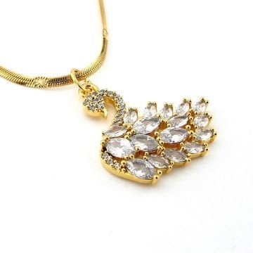 Beyaz Kuğu Kristal Taşlı Sarı Yassı İtalyan Çelik Zincir Kadın Kolye Q0876