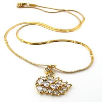 Beyaz Kuğu Kristal Taşlı Sarı Yassı İtalyan Çelik Zincir Kadın Kolye Q0876