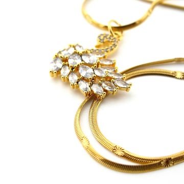 Beyaz Kuğu Kristal Taşlı Sarı Yassı İtalyan Çelik Zincir Kadın Kolye Q0876