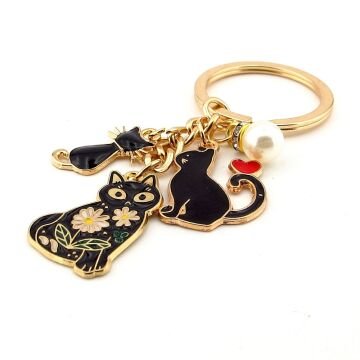 Kara Kediler Kalp ve İnci Top Sallantılı Metal Anahtarlık Çanta Süsü Charm KC388