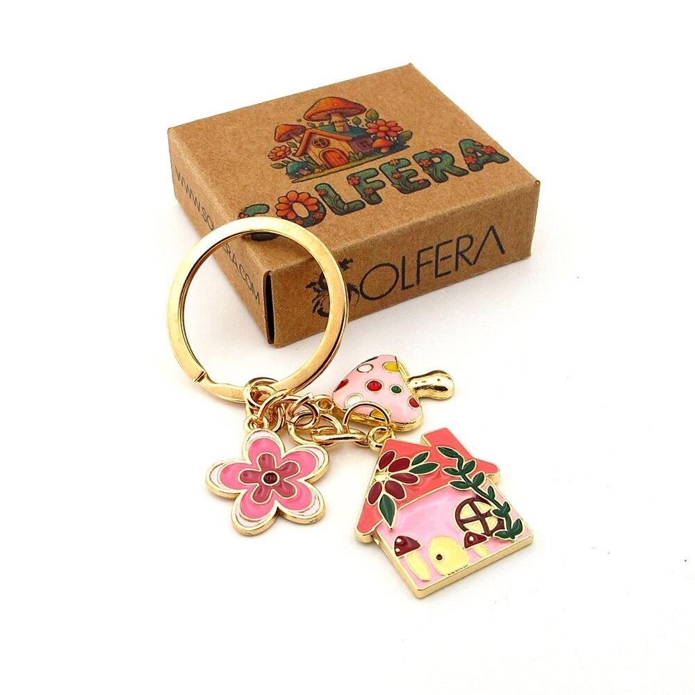 Ev Şeklinde Home Mantar Çiçek Doğa Pembe Metal Anahtarlık KC392