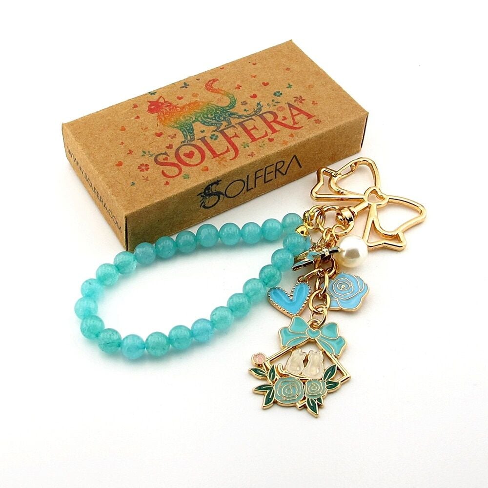 Beyaz Kediler Kelebek Gül Mavi Doğal Taş Charm Anahtarlık Çanta Süsü KY004