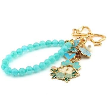 Beyaz Kediler Kelebek Gül Mavi Doğal Taş Charm Anahtarlık Çanta Süsü KY004