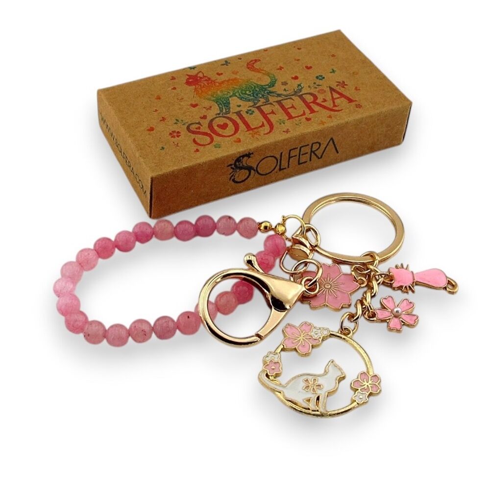 Beyaz ve Pembe Kedi Çiçek Doğal Taş Charm Anahtarlık Çanta Süsü KY006