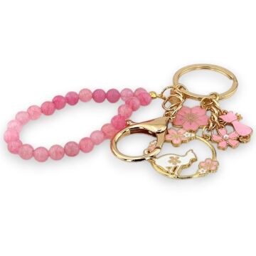 Beyaz ve Pembe Kedi Çiçek Doğal Taş Charm Anahtarlık Çanta Süsü KY006