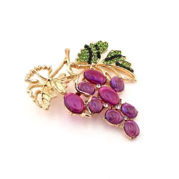 Mor Üzüm Salkımı ve Yaprakları Bağ Meyve Metal Yaka Süsü Broş RZ410
