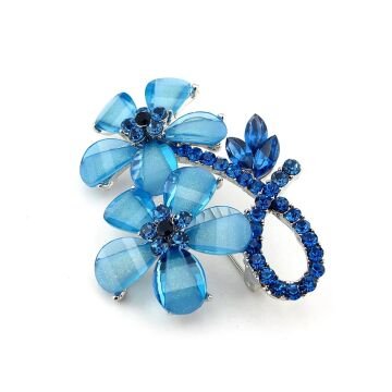 Mavi Çiçek Papatya Zirkon Taşlarla Süslü Metal Yaka Süsü Broş RZ419
