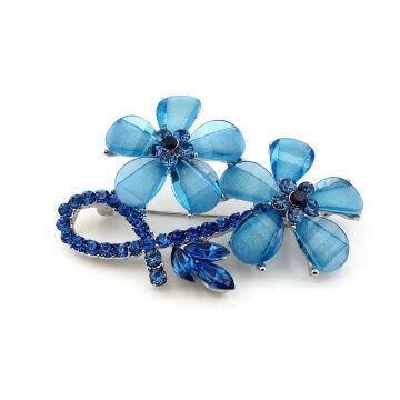 Mavi Çiçek Papatya Zirkon Taşlarla Süslü Metal Yaka Süsü Broş RZ419