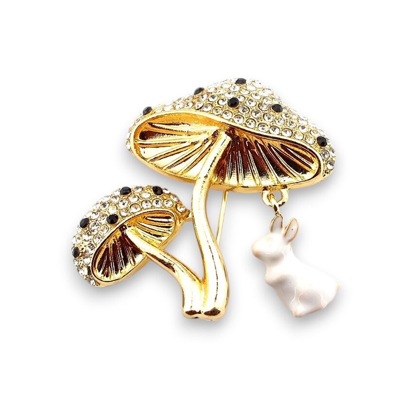 Mantarlar ve Minik Tavşan Orman Alice Zirkon Taşlı Metal Yaka Süsü Broş RZ420