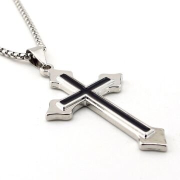 Siyah Çizgili Haç Istavros Paslanmaz Çelik Erkek Kolye Zincir Q0983
