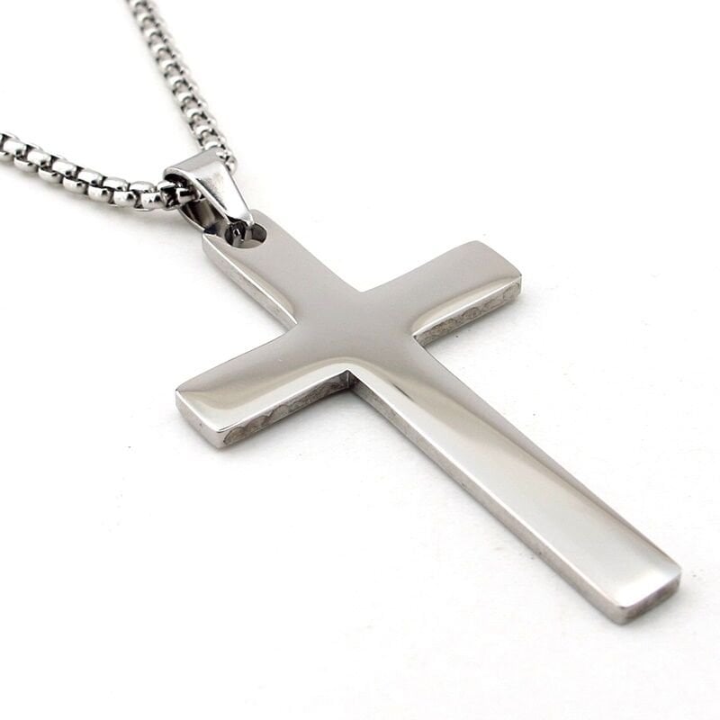 Parlak Gümüş Renkli Haç Istavros Paslanmaz Çelik Erkek Kolye Zincir Q0984