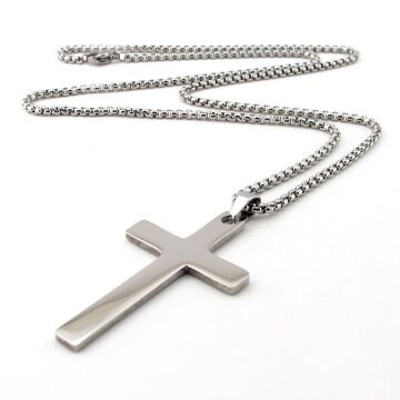 Parlak Gümüş Renkli Haç Istavros Paslanmaz Çelik Erkek Kolye Zincir Q0984