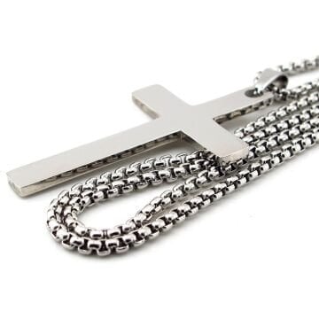 Parlak Gümüş Renkli Haç Istavros Paslanmaz Çelik Erkek Kolye Zincir Q0984