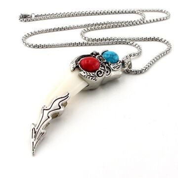 Beyaz Kurt Dişi Mavi Kırmızı Nordik Viking Çelik Zincirli Metal Erkek Kolye Q0986