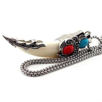 Beyaz Kurt Dişi Mavi Kırmızı Nordik Viking Çelik Zincirli Metal Erkek Kolye Q0986