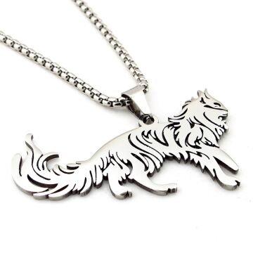 Maine Coon İri Uzun Tüylü Kedi Şeklinde Paslanmaz Çelik Kolye Q0988