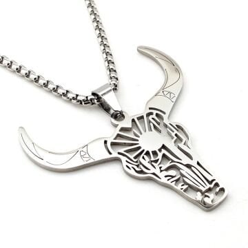 Buffalo Kafası Boynuz Paslanmaz Çelik Erkek Kolye Zincir Q0990