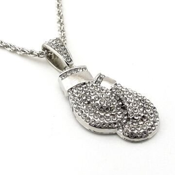 Parlak Taşlı Çift Boks Eldiveni Boksör Çelik Zincirli Metal Erkek Kolye Q0995