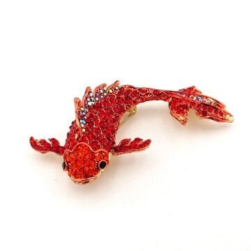 Kırmızı Zirkon Taşlı Koi Japon Balığı Şans Talih Broş Yaka Süsü RZ443
