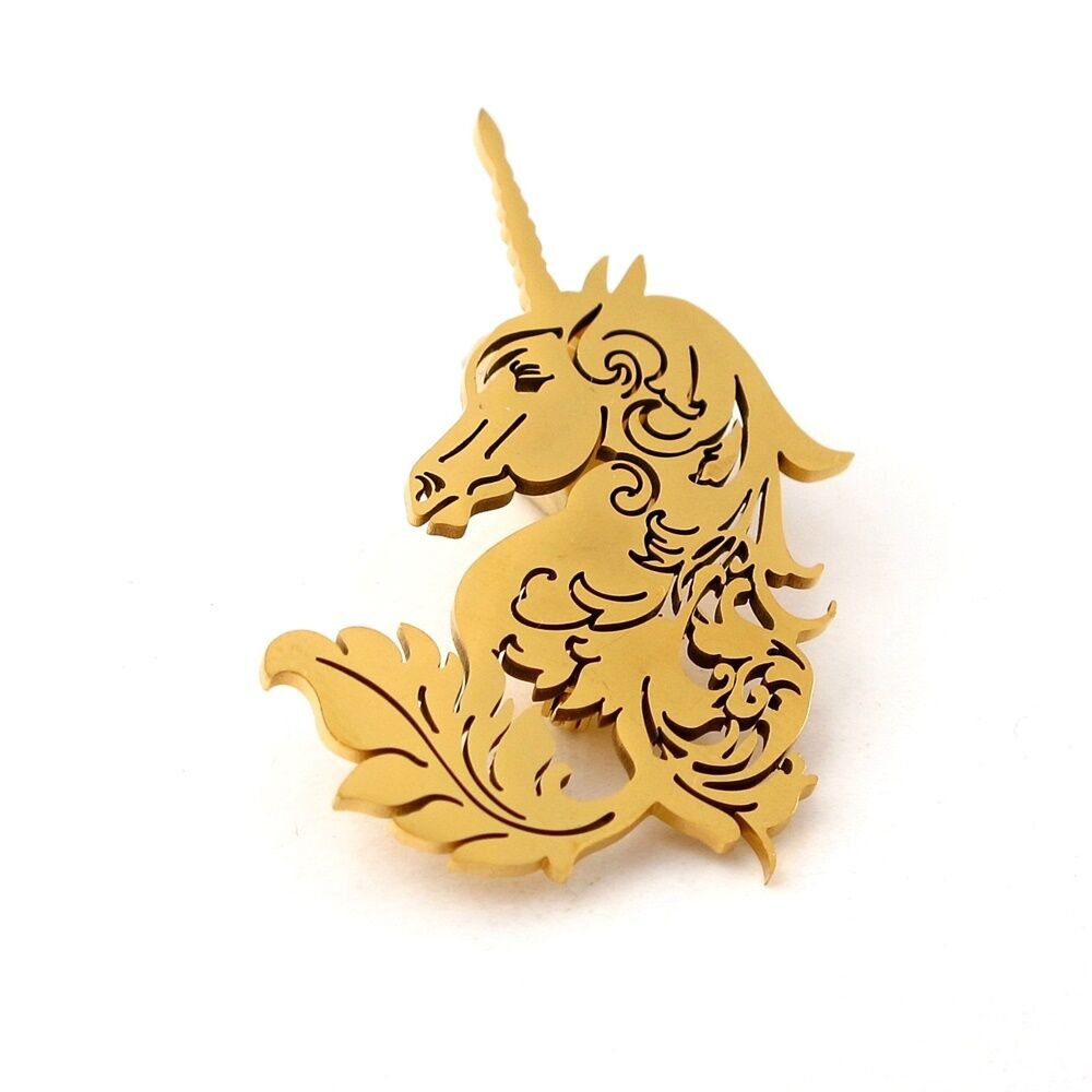 Unicorn Tek Boynuzlu At Mitolojil Paslanmaz Sarı Çelik Broş Rozet Yaka süsü RZ446