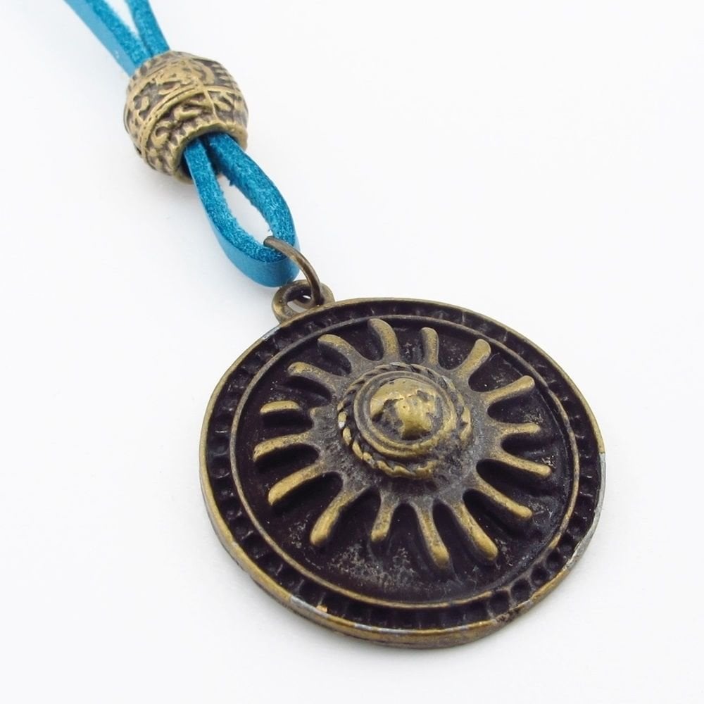 Aztek Güneşi Mitolojik Bronz Metal Gerçek Deri Zincirli Erkek Kolye Q0941