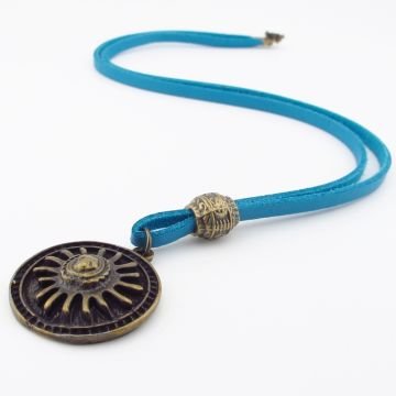 Aztek Güneşi Mitolojik Bronz Metal Gerçek Deri Zincirli Erkek Kolye Q0941