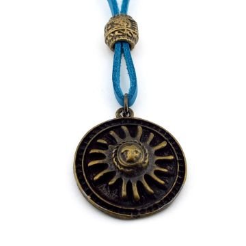 Aztek Güneşi Mitolojik Bronz Metal Gerçek Deri Zincirli Erkek Kolye Q0941