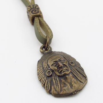 Kızılderili Şef Mitolojik Bronz Metal Haki Yeşil  Deri Erkek Kolye Q0945