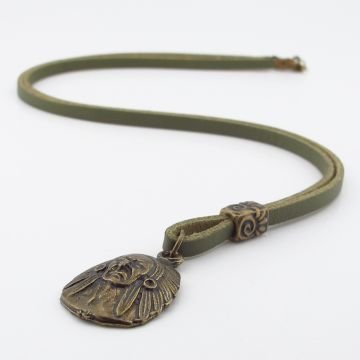 Kızılderili Şef Mitolojik Bronz Metal Haki Yeşil  Deri Erkek Kolye Q0945