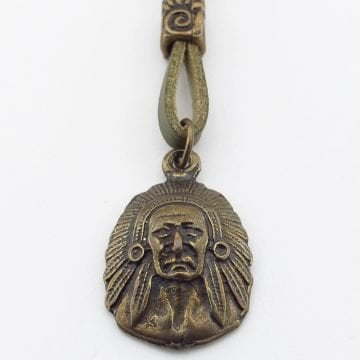 Kızılderili Şef Mitolojik Bronz Metal Haki Yeşil  Deri Erkek Kolye Q0945