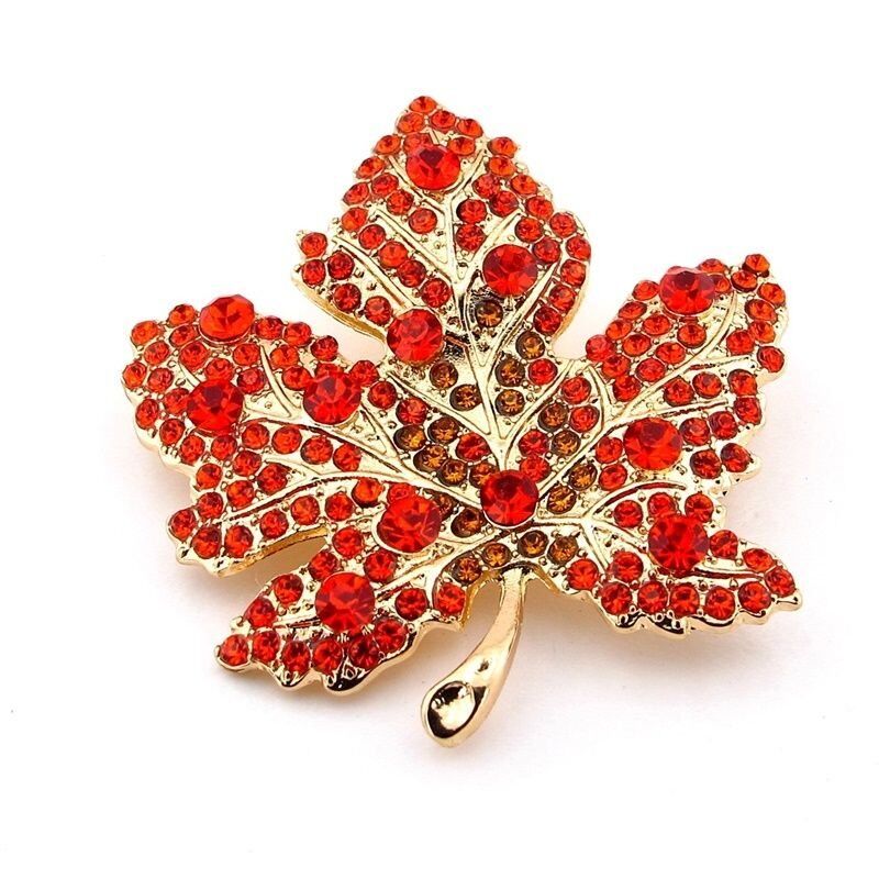 Kırmızı Zirkon Taşlı Çınar Ağacı Yaprağı Sarı Metal Yaka Süsü Broş RZ306