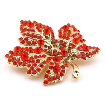 Kırmızı Zirkon Taşlı Çınar Ağacı Yaprağı Sarı Metal Yaka Süsü Broş RZ306