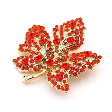 Kırmızı Zirkon Taşlı Çınar Ağacı Yaprağı Sarı Metal Yaka Süsü Broş RZ306