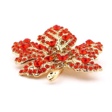 Kırmızı Zirkon Taşlı Çınar Ağacı Yaprağı Sarı Metal Yaka Süsü Broş RZ306