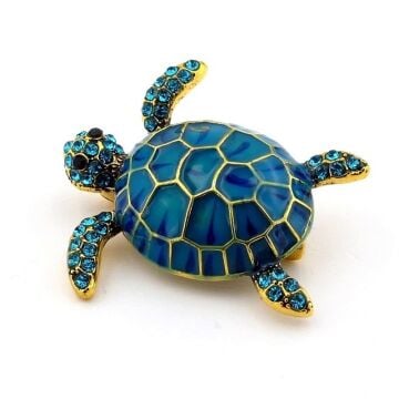 Deniz Kaplumbağası Mavi Zirkon Taşlı Metal Rozet Broş Rz312