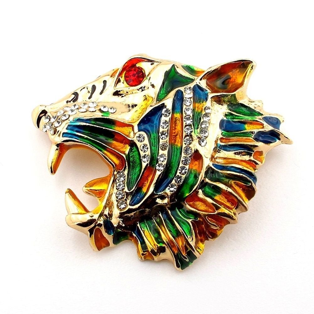 Bengai Kaplanı Tiger Renkli Zirkon Taşlı Metal Yaka Süsü Broş RZ313