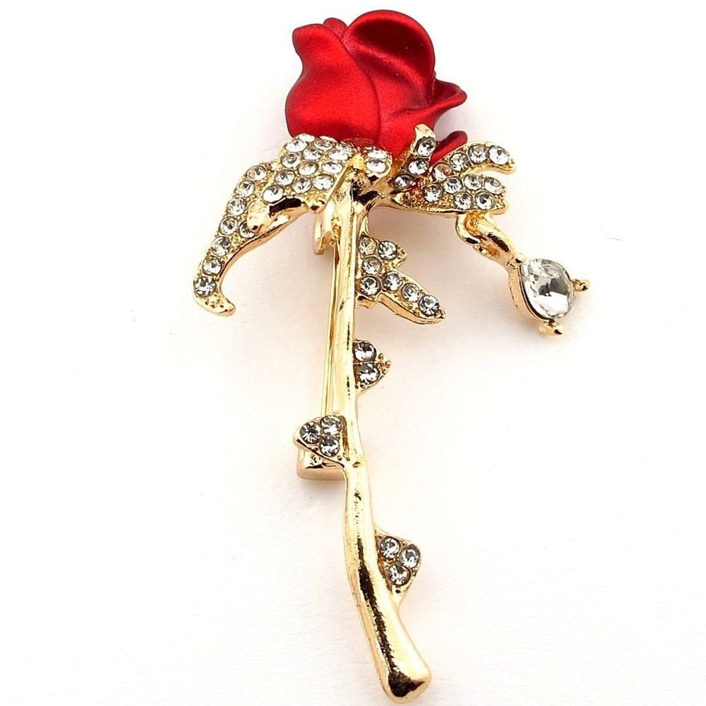 Kırmızı Gonca Gül Beyaz Zirkon Taşlı Çiçek Metal Çanta Süsü Broş RZ318