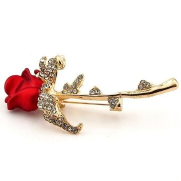 Kırmızı Gonca Gül Beyaz Zirkon Taşlı Çiçek Metal Çanta Süsü Broş RZ318