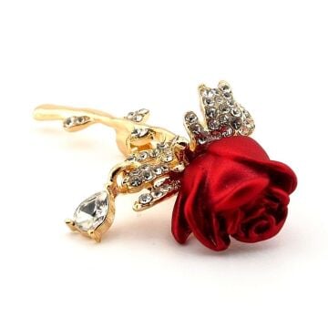Kırmızı Gonca Gül Beyaz Zirkon Taşlı Çiçek Metal Çanta Süsü Broş RZ318