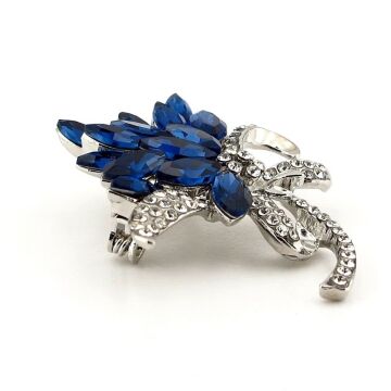 Mavi Kristal Çiçek Buketi Beyaz Zirkon Taşlı Zarif Metal Yaka Süsü Broş RZ319