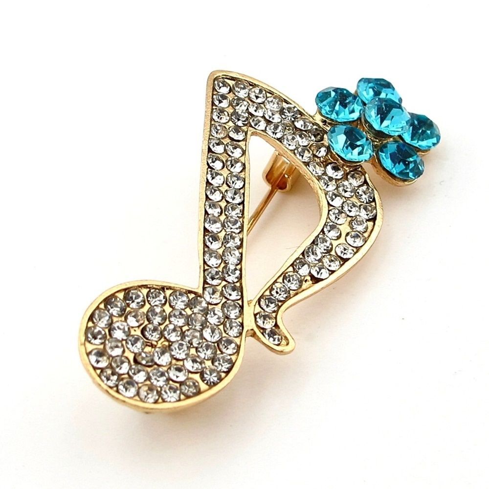 Beyaz Zirkon Taşlı Nota Müzik İşareti Mavi Çiçek Metal Yaka Süsü Broş RZ320