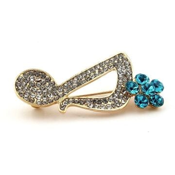 Beyaz Zirkon Taşlı Nota Müzik İşareti Mavi Çiçek Metal Yaka Süsü Broş RZ320