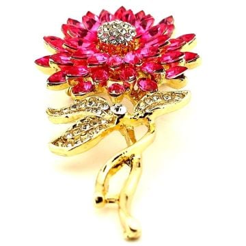 Ay Çiçeği Sunflower Pembe Zirkon Taşlı Çiçek Metal Yaka Süsü Broş RZ379