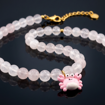 Yengeç Uçlu Burç Açık Pembe Kristal Kuvars 8mm Doğal Taş Kadın Kolye QD001