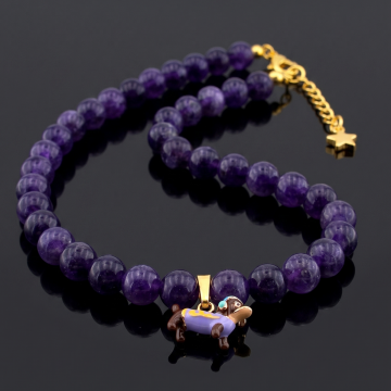 Sosis Köpek Dachshund Mor Kristal 8mm Kuvars Doğal Taş Kadın Kolye QD002