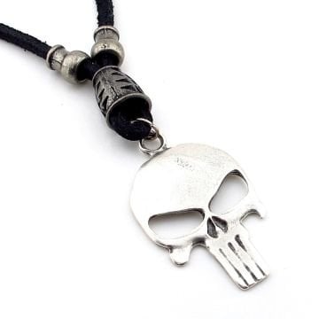 Punsiher Marvel Metal Uçlu Siyah Gerçek Deri Erkek Kolye Q0677