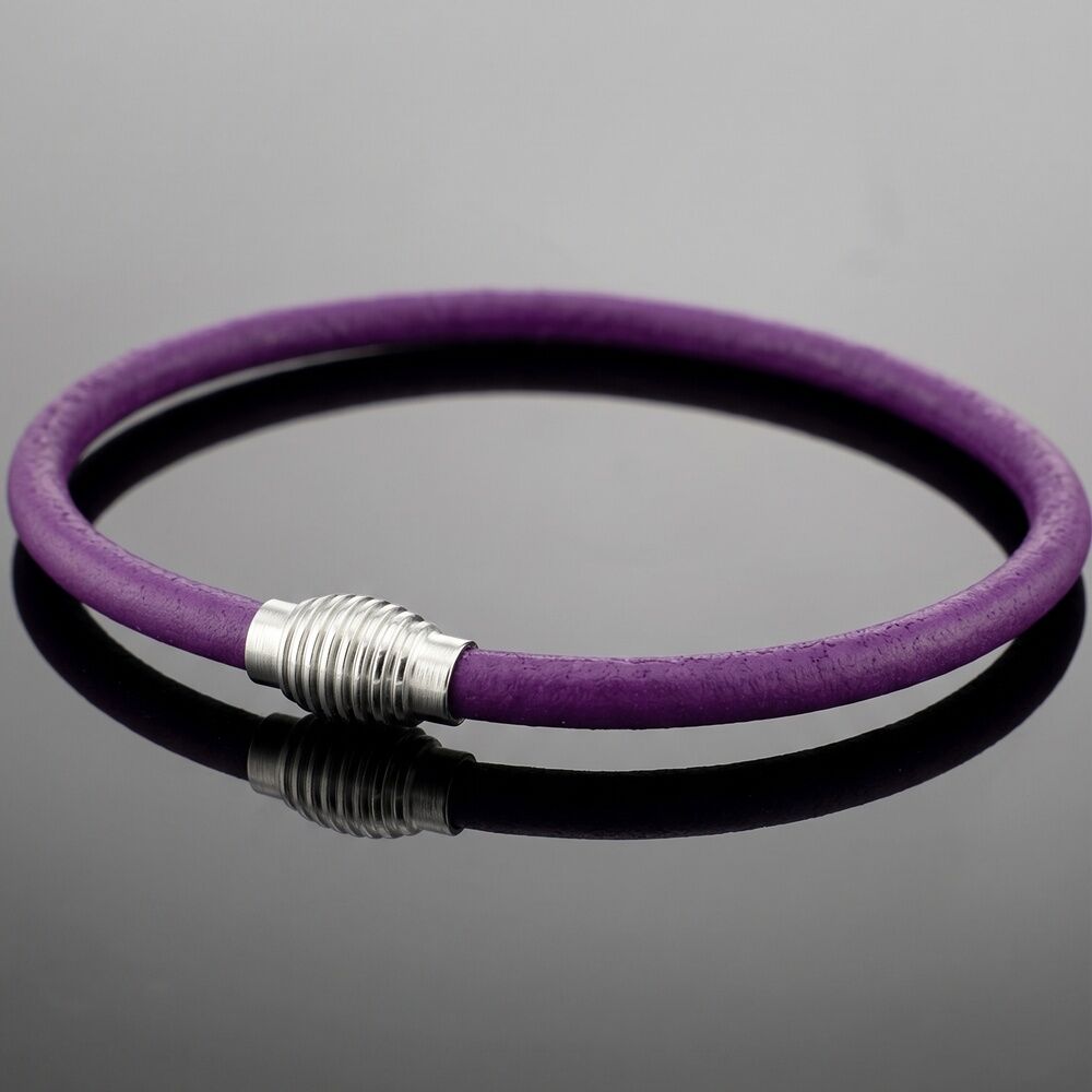 Mor 4mm İnce Orijinal Deri Oval Metal Manyetik Klips Erkek Bileklik M066E